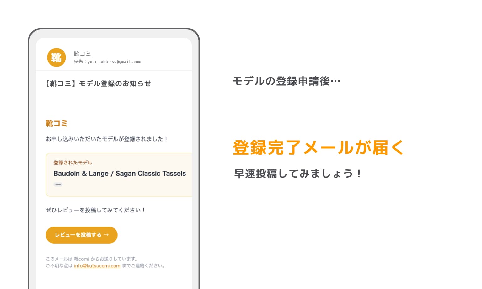モデル登録が完了すると届くお知らせメールの例